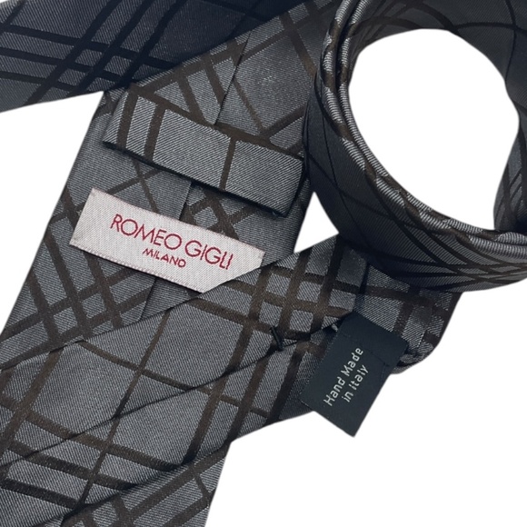 ROMEO GIGLI Gray Tartan Silk LUXURY Slim Tie HANDMADE ITALY - Picture 3 of 5